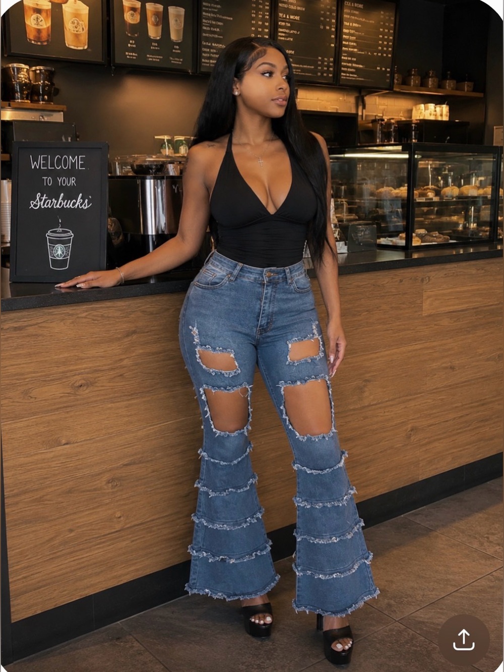 Women’s Denim High Waist Ripped Flared Leg Stretch Jeans
